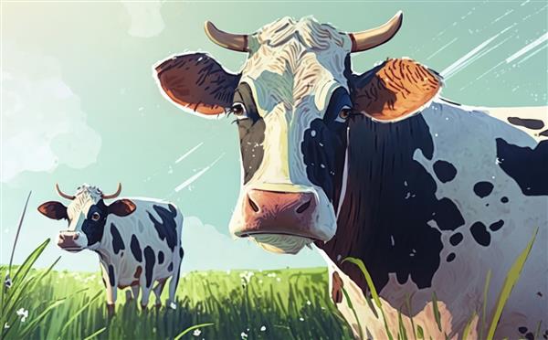 یک گاو در مزرعه ای با آسمان آبی تصاویر آبرنگ برای بچه ها به سبک کارتونی کمک تولید شده است