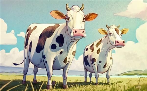 نقاشی از دو گاو در یک مزرعه با آسمان آبی در پس زمینه کمک سبک کارتونی تولید شده است