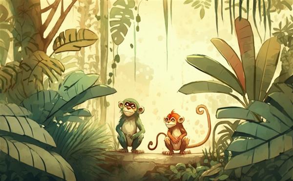کارتونی از میمون ها در جنگل تصاویر آبرنگ برای بچه ها به سبک کارتونی کمک تولید شده است