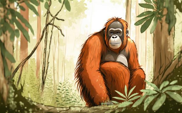 کارتون یک اورانگوتان در جنگل تصاویر آبرنگ برای بچه ها به سبک کارتونی کمک تولید شده است