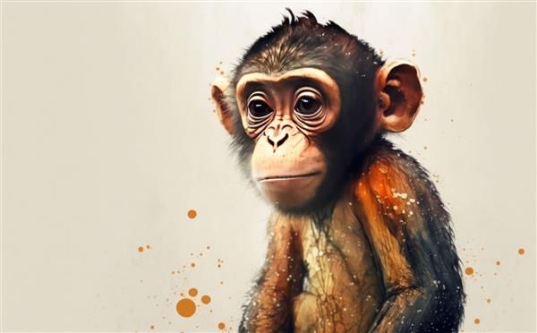 نقاشی یک شامپانزه با پس‌زمینه قهوه‌ای آبرنگ به سبک کارتونی ساخته شده است
