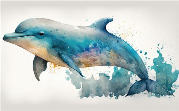 یک دلفین در آب آبی با پاشیدن رنگ تصاویر برای بچه ها به سبک کارتونی کمک تولید شده است