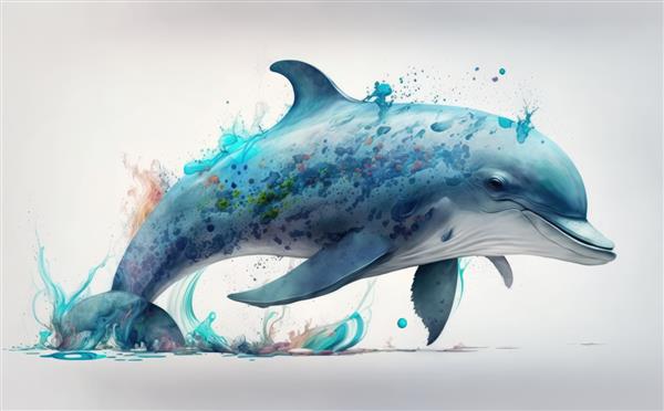 یک دلفین در آب آبی با پاشیدن رنگ تصاویر برای بچه ها به سبک کارتونی کمک تولید شده است