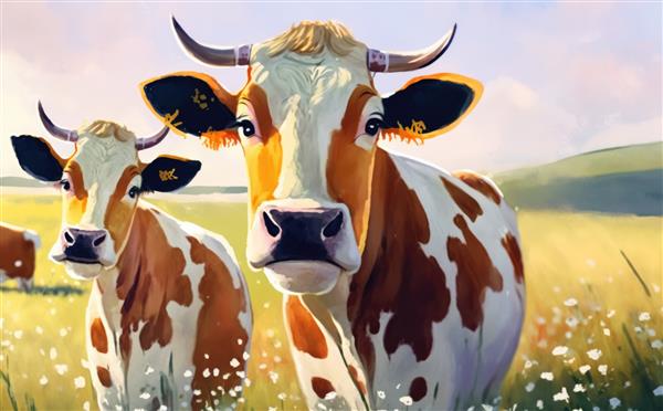 نقاشی از دو گاو در یک مزرعه با آسمان آبی در پس زمینه کمک سبک کارتونی تولید شده است
