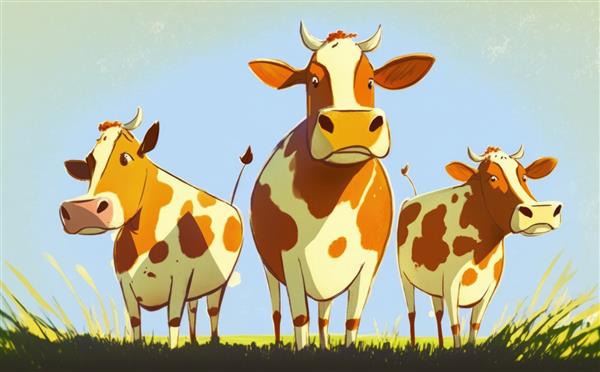 نقاشی گاو در مزرعه ای با آسمان آبی در پس زمینه کمک سبک کارتونی تولید شده است