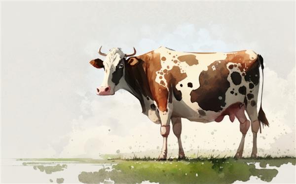 نقاشی یک گاو در مزرعه تصاویر آبرنگ برای بچه ها به سبک کارتونی کمک تولید شده است