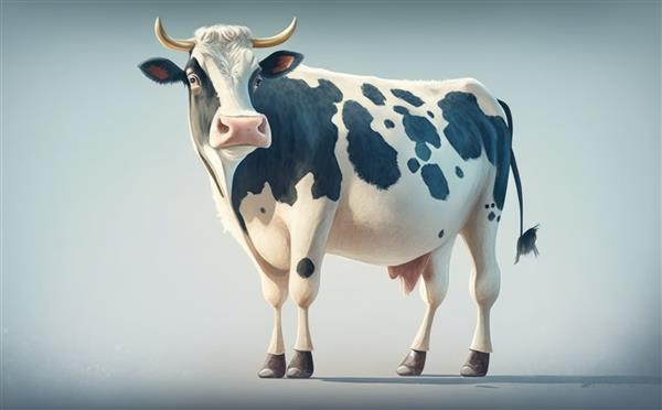یک گاو در پس‌زمینه خاکستری ایستاده است تصاویر آبرنگ برای کودکان به سبک کارتونی ساخته شده است