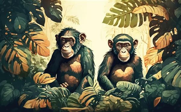 نقاشی از دو شامپانزه در جنگل تصاویر برای بچه ها کمک تولید شده است