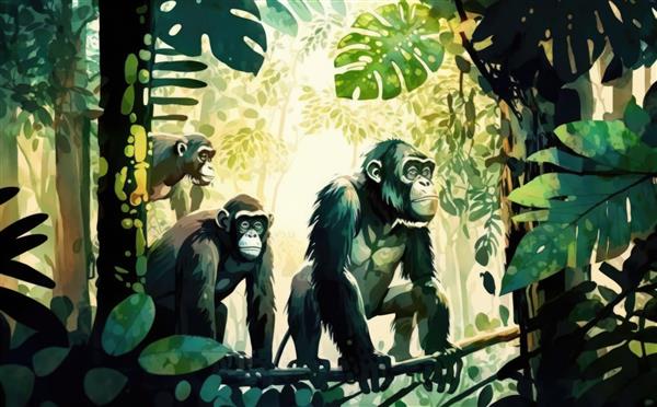 نقاشی از سه میمون که در جنگلی با پس زمینه ای سبز رنگ نشسته اند کمک تولید شده است
