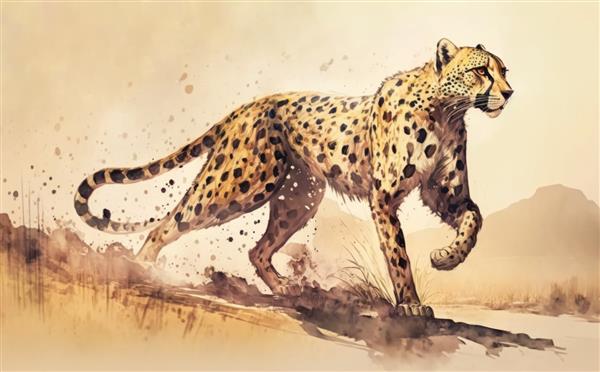 یک یوزپلنگ در حال دویدن تصاویر آبرنگ برای بچه ها به سبک کارتونی کمک تولید شده است