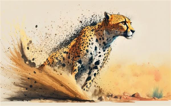 نقاشی آبرنگ از یوزپلنگی که در حال دویدن است تصاویر برای بچه ها به سبک کارتونی کمک تولید شده است