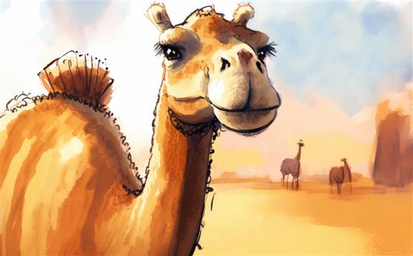 نقاشی از شتر در صحرا با تصاویر آسمان آبی برای کودکان به سبک کارتونی ساخته شده است