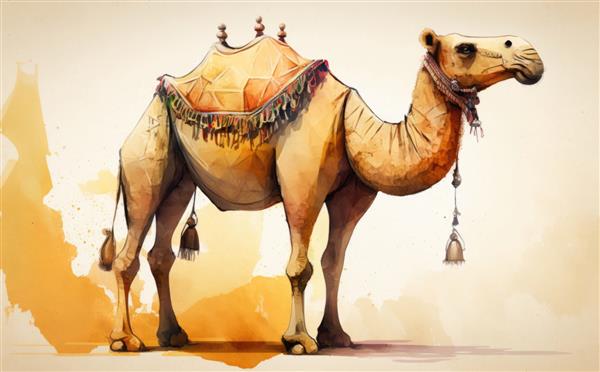نقاشی از شتر در صحرا با تصاویر آسمان آبی برای کودکان به سبک کارتونی ساخته شده است