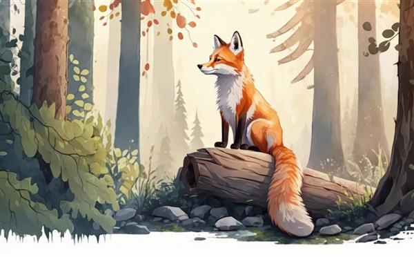 روباهی روی درختی در جنگل نشسته است تصاویر آبرنگ برای بچه ها به سبک کارتونی کمک تولید شده است