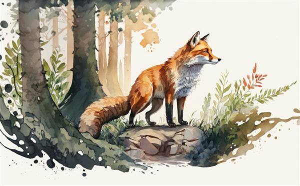 نقاشی آبرنگ از روباه در جنگل تصاویر برای بچه ها به سبک کارتونی کمک تولید شده است