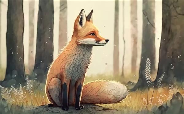 روباهی در جنگلی نشسته است که تصاویری برای بچه ها به سبک کارتونی ساخته شده است