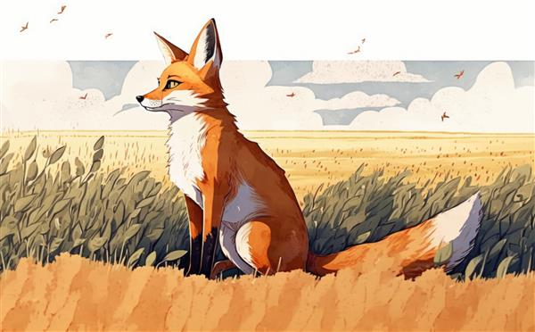 روباهی در مزرعه ای نشسته است تصاویر آبرنگ برای بچه ها به سبک کارتونی کمک تولید شده است