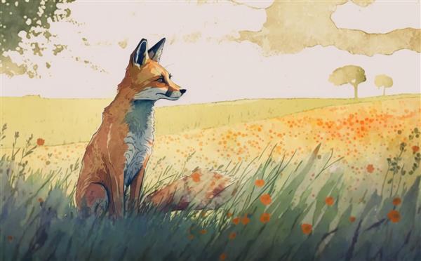 نقاشی روباهی که در مزرعه گل نشسته است تصاویر به سبک کارتونی کمک تولید شده است