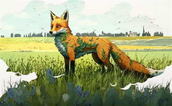 روباهی در مزرعه گل تصاویر آبرنگ برای بچه ها به سبک کارتونی کمک تولید شده است