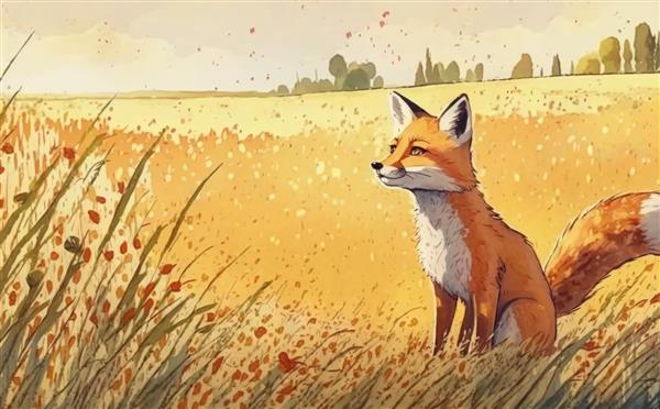 روباهی در مزرعه ای از گل های زرد نشسته است تصاویر برای بچه ها به سبک کارتونی کمک تولید شده است