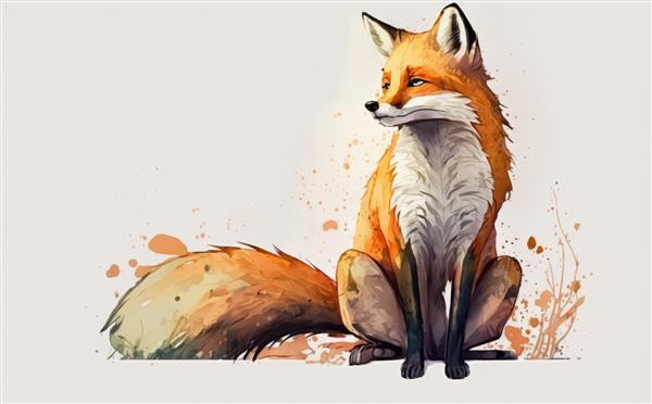 نقاشی یک روباه با دم قرمز تصاویر آبرنگ برای بچه ها به سبک کارتونی کمک تولید شده است