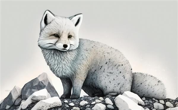 روباه سفید با چشمان آبی در صحنه برفی ایستاده است
