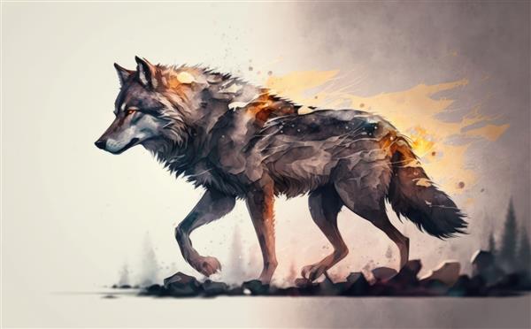 یک گرگ با شعله های آتش در پشت خود تصاویر آبرنگ به سبک کارتونی ساخته شده است