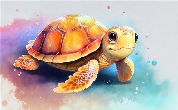 لاک پشت دریایی در دریا تصاویر آبرنگ برای بچه ها به سبک کارتونی ساخته شده است