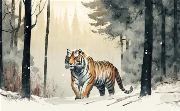 نقاشی یک ببر در برف تصاویر آبرنگ برای بچه ها به سبک کارتونی کمک تولید شده است