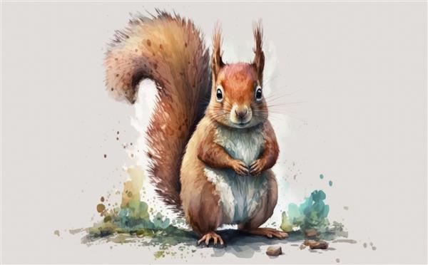 نقاشی یک سنجاب قرمز با دم پرپشت تصاویر آبرنگ به سبک کارتونی کمک تولید شده است
