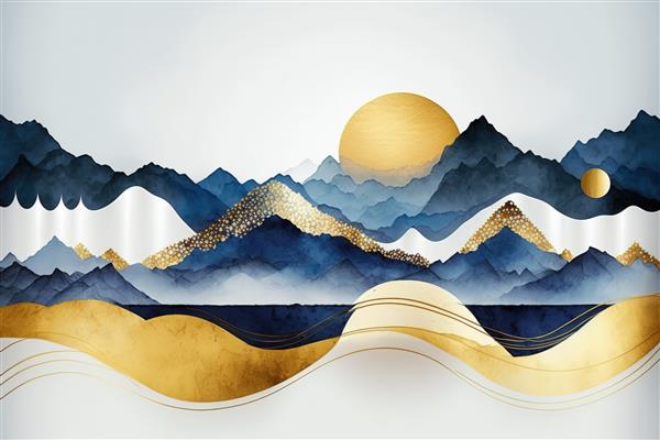 کوه‌ها و خورشید بالای آن‌ها چاپ مینیمالیست زیبا برای دکور شما برای تبریک کارت پستال و ایجاد پوستر