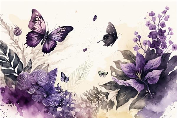 چاپ گل‌های بنفش و پروانه‌های زیبای مینیمال برای دکوراسیون شما برای تبریک کارت پستال و ایجاد پوستر