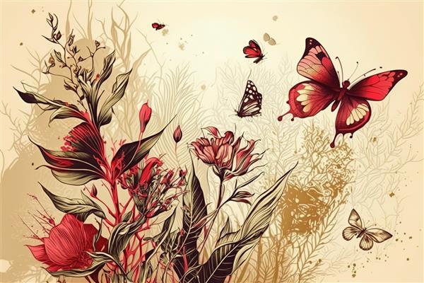 گل‌ها و پروانه‌های بهاری بالای آن‌ها چاپ مینیمالیست زیبا برای دکور شما برای تبریک کارت پستال و ایجاد پوستر