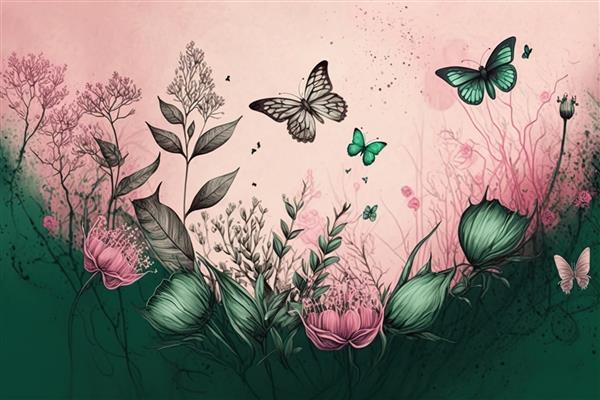گلد با گل و پروانه چاپ مینیمالیستی زیبا برای دکور شما برای تبریک کارت پستال و ایجاد پوستر