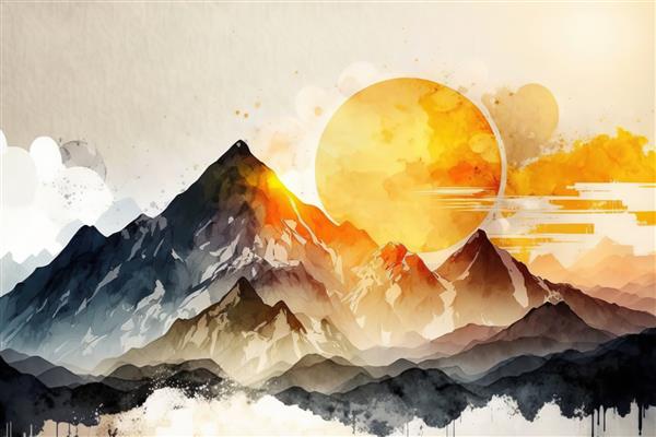 طلوع آفتاب کوه های طلایی بر فراز کوه چاپ زیبای مینیمالیستی برای دکوراسیون شما برای تبریک کارت پستال و ایجاد پوستر