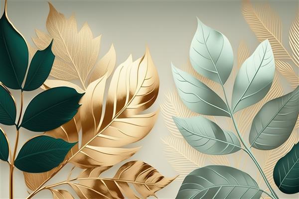 چاپ مینیمالیستی زیبا با برگ های طلایی و سبز برای دکور شما برای تبریک کارت پستال و ایجاد پوستر
