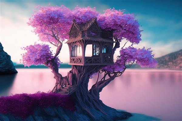 یک خانه شیرین زیبا که بر روی درختی ساخته شده است که با گل های بنفش شکوفا می شود و در ساحل دریاچه ای مولد ایستاده است
