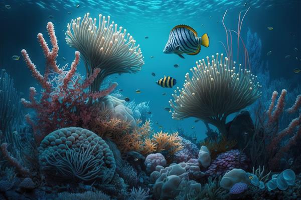 منظره دریایی زیر آب با گیاهان دریایی و ماهی با اوی مولد جلبک