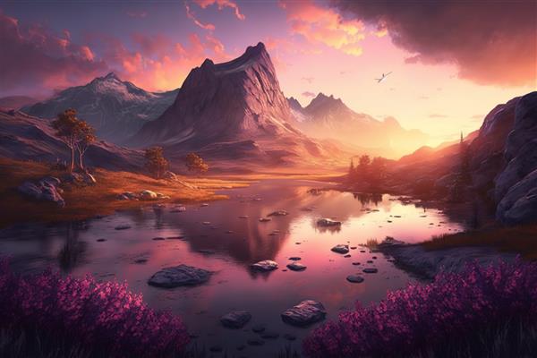 غروب فوق‌العاده خورشید در یک منظره کوهستانی زیبا منظره‌ای از طبیعت در برابر یک آسمان زایی ابری صورتی یا بنفش زیبا