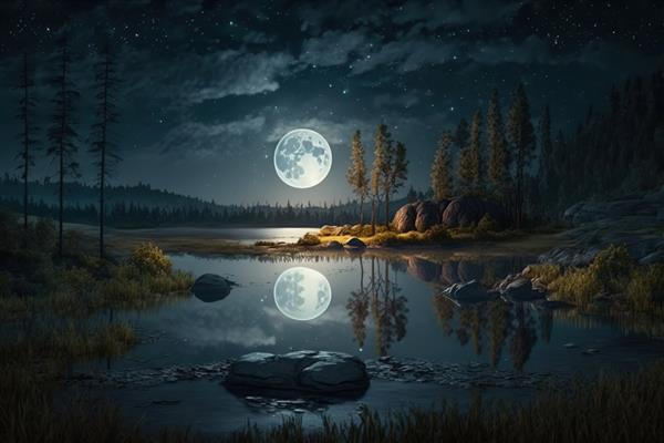 چشم انداز شب ماه کامل منعکس شده در دریاچه جنگل فوق العاده و کوه های مولد هوش مصنوعی