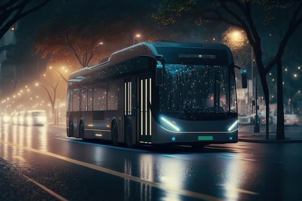 اتوبوس از طریق شهر در شب می‌گذرد