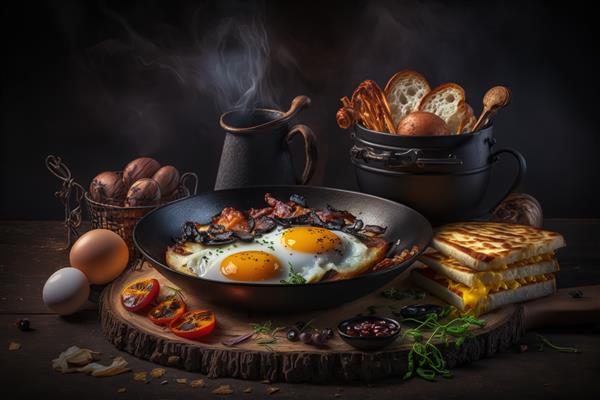 صبحانه زیبا و لذیذ با تخم مرغ نان تازه و چای داغ روی میز