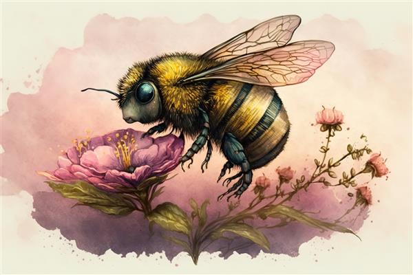 زنبوری زیبا گرده گل صورتی را جمع آوری می کند