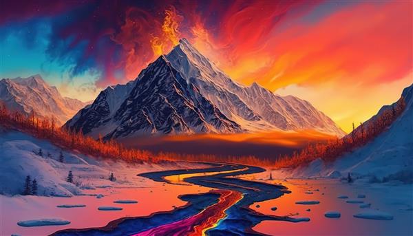 نقاشی کوهی که رودخانه ای در وسط آن قرار دارد