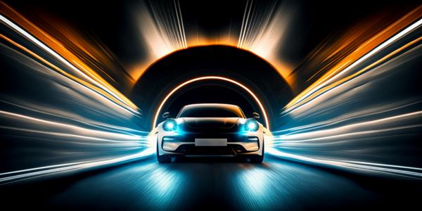 یک خودروی مدرن که با سرعت از طریق تونلی با حرکت تاری نورانی نئونی عبور می‌کند چراغ‌های مولد ai را روشن می‌کند
