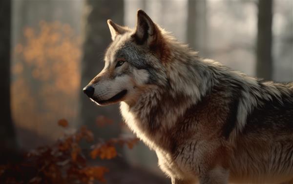 یک گرگ خاکستری از نزدیک در پس‌زمینه جنگل زمستانی حیوانات جنگلی وحشی تولید شده است