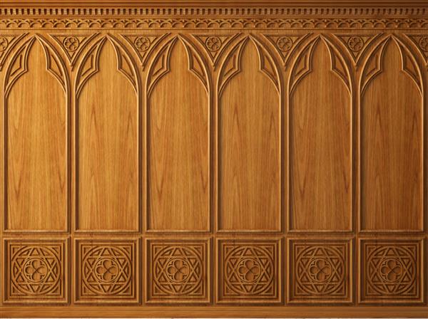 کابینت کلاسیک یا دیوار قلعه ساخته شده از پوشش چوبی گوتیک