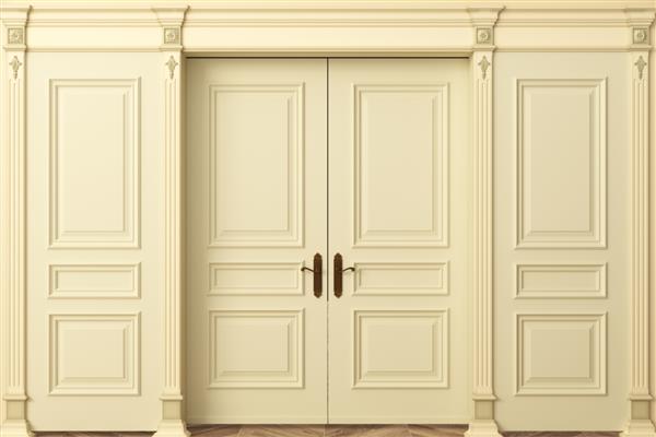 درب بزرگ چوبی کلاسیک دوبل سفید روی دیوار