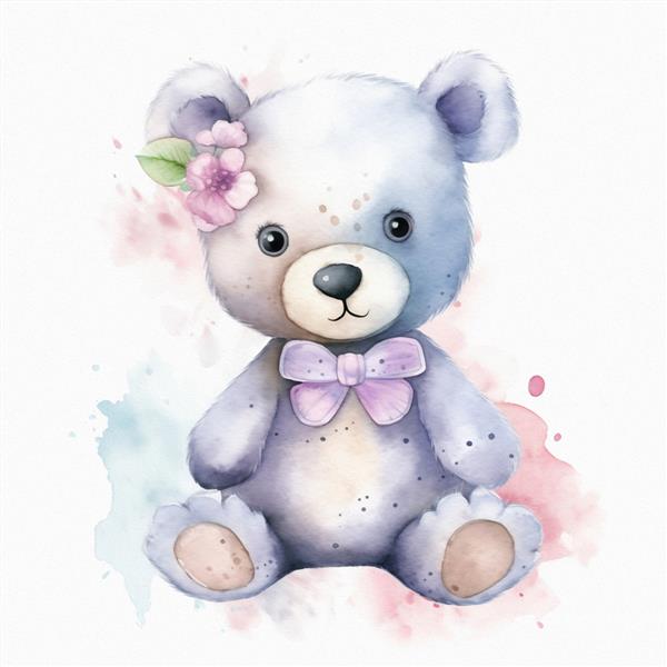 تصویر آبرنگ گل ها با رنگ های پاستلی خرس عروسکی
