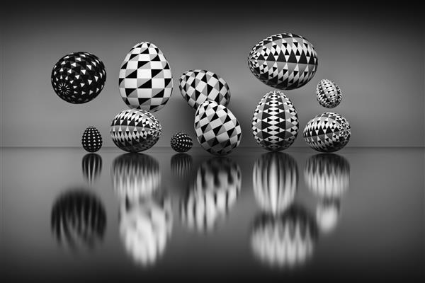 تصویر مجموعه ای از تخم مرغ های عید پاک با شکل هندسی روی سطح بازتابنده تصویر دیجیتالی در رنگ های سیاه و سفید تولید شده است تصویر سه بعدی
